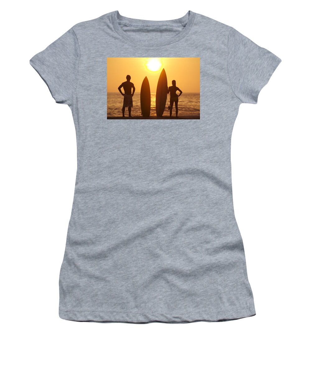 Afternoon Women's T-Shirt featuring the photograph Surfer SIlhouettes #1 by Larry Dale Gordon - Printscapes