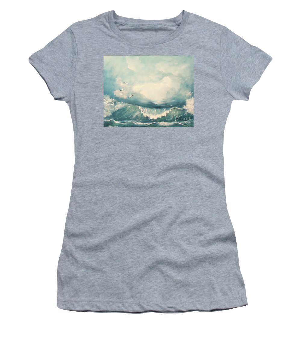 Tide Ocean Wave Water Seascape Painting Acrylic On Canvas Cloud Blue Color Oceanview Seagull Seaside Atlantic Print Women's T-Shirt featuring the painting Tide #2 by Miroslaw Chelchowski