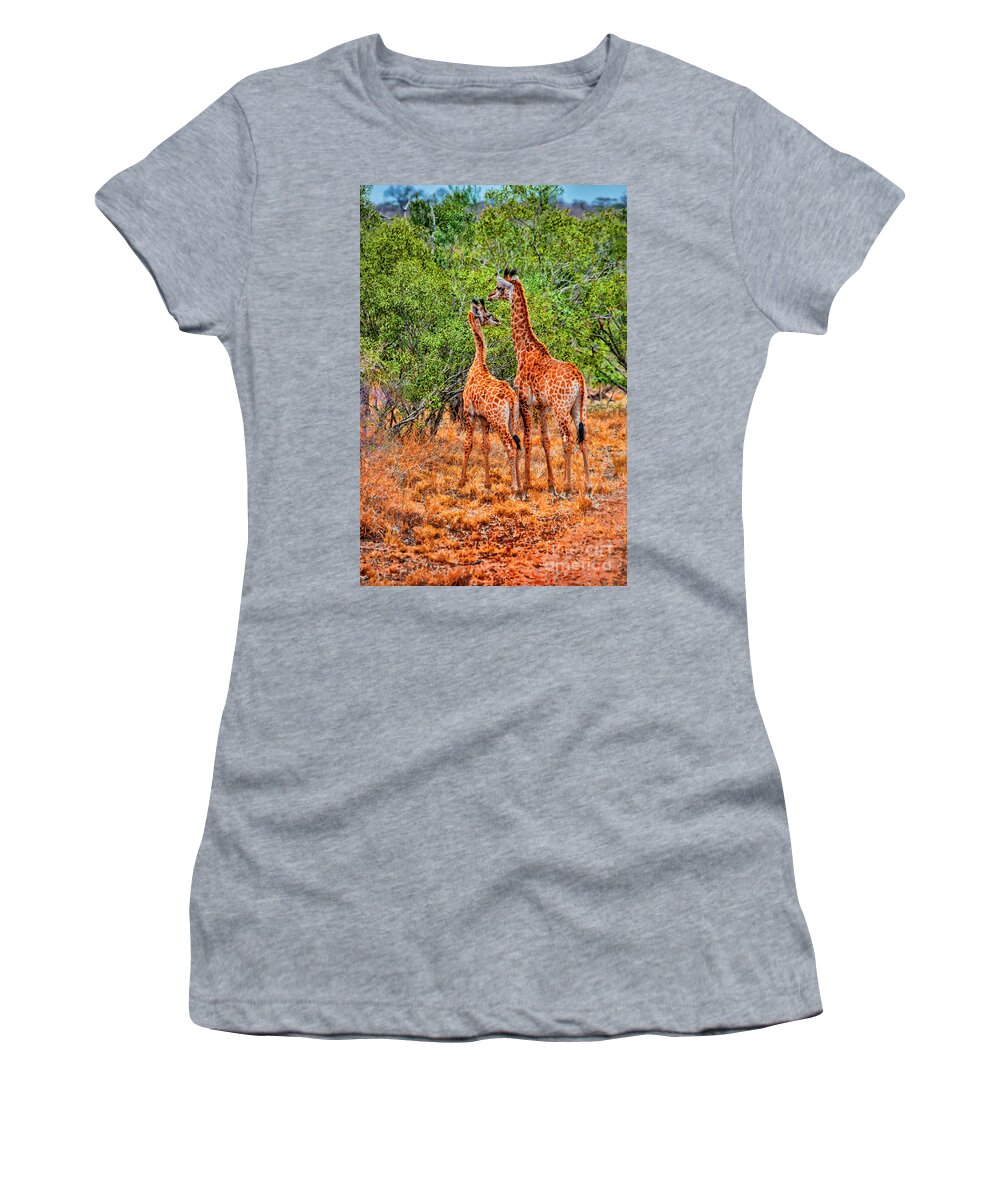 South Africa Giraffes Open Areas Women's T-Shirt featuring the photograph Together #1 by Rick Bragan