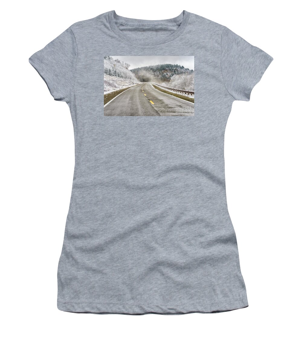 Autumn Women's T-Shirt featuring the photograph Unexpected Autumn Snow Highland Scenic Highway #1 by Thomas R Fletcher