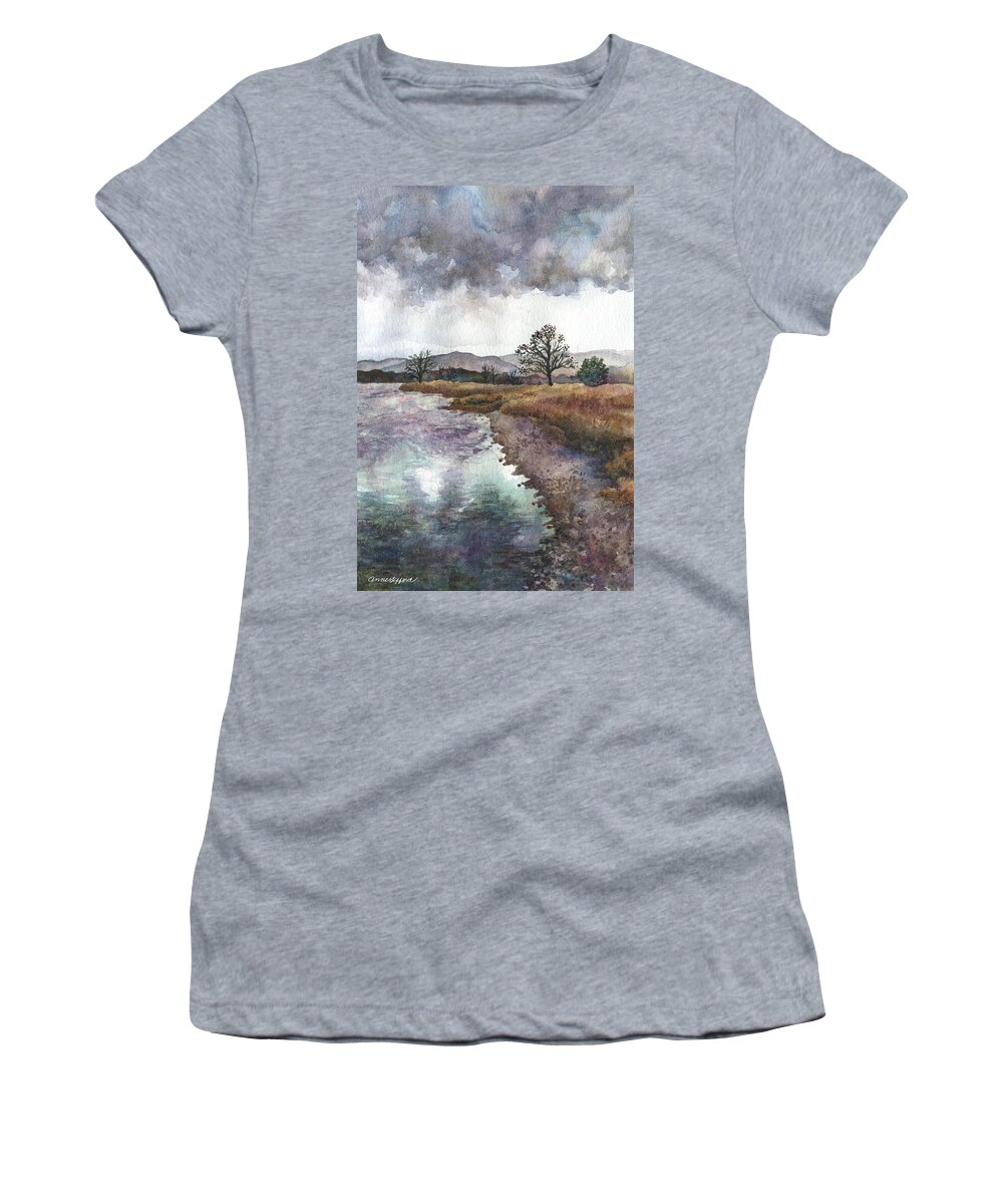 Pond Painting Women's T-Shirt featuring the painting Walden Ponds on an April Evening #2 by Anne Gifford