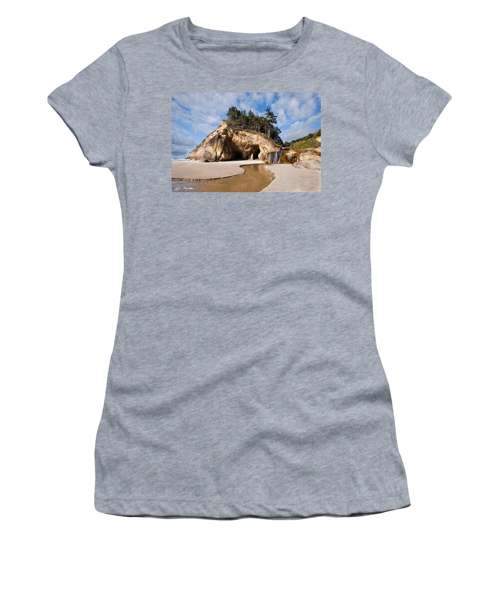 Beach Women's T-Shirt featuring the photograph Waterfall Flowing into the Pacific Ocean by Jeff Goulden