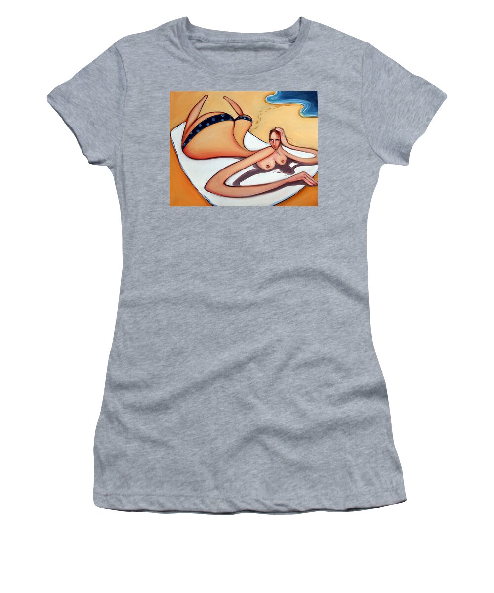 Beach Women's T-Shirt featuring the painting Woman in January #1 by Leanne Wilkes