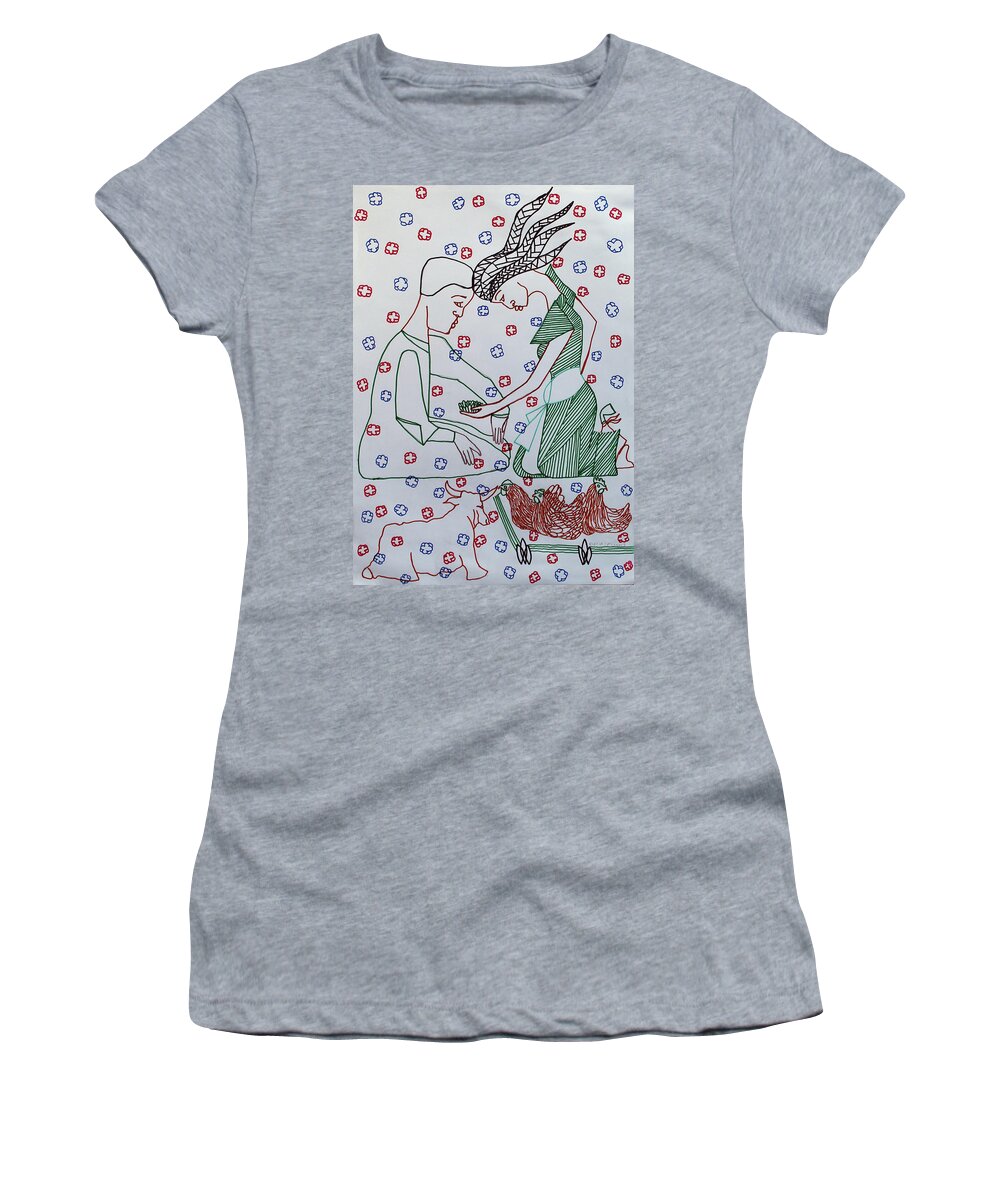 Jesus Women's T-Shirt featuring the painting Kintu and Nambi The Folktale #11 by Gloria Ssali