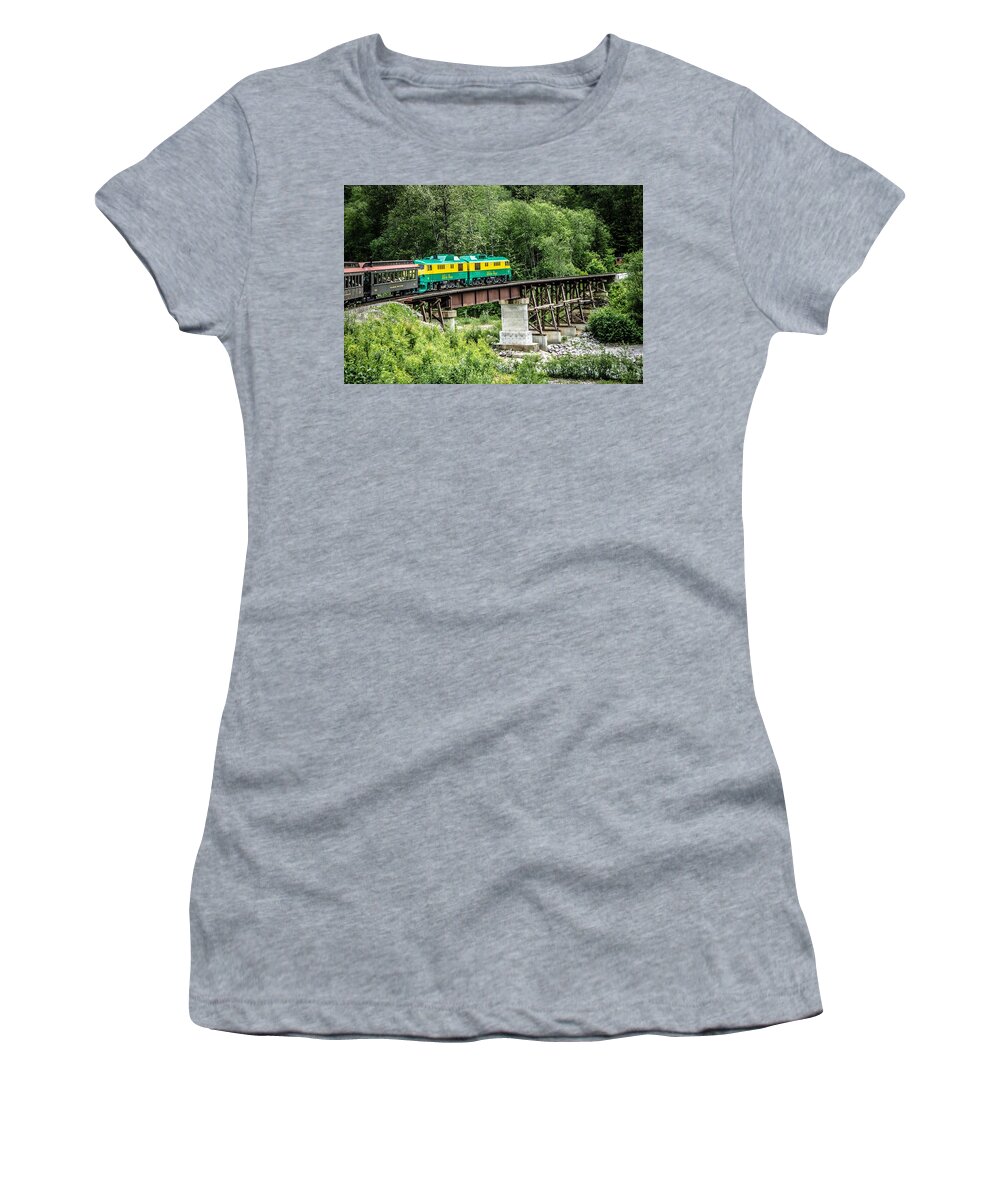 White Women's T-Shirt featuring the photograph Scenic train from Skagway to White Pass Alaska #14 by Alex Grichenko