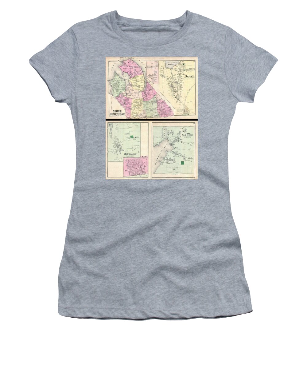 1873 Beers Map Of North Hempstead Women's T-Shirt featuring the photograph 1873 Beers Map of North Hempstead Great Neck and Roslyn Long Island New York by Paul Fearn