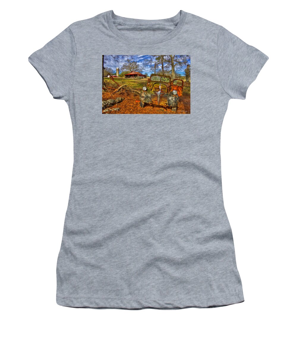 Reid Callaway Retired Women's T-Shirt featuring the photograph Retired 1947 Dodge Dump Truck Farming Landscape Art by Reid Callaway