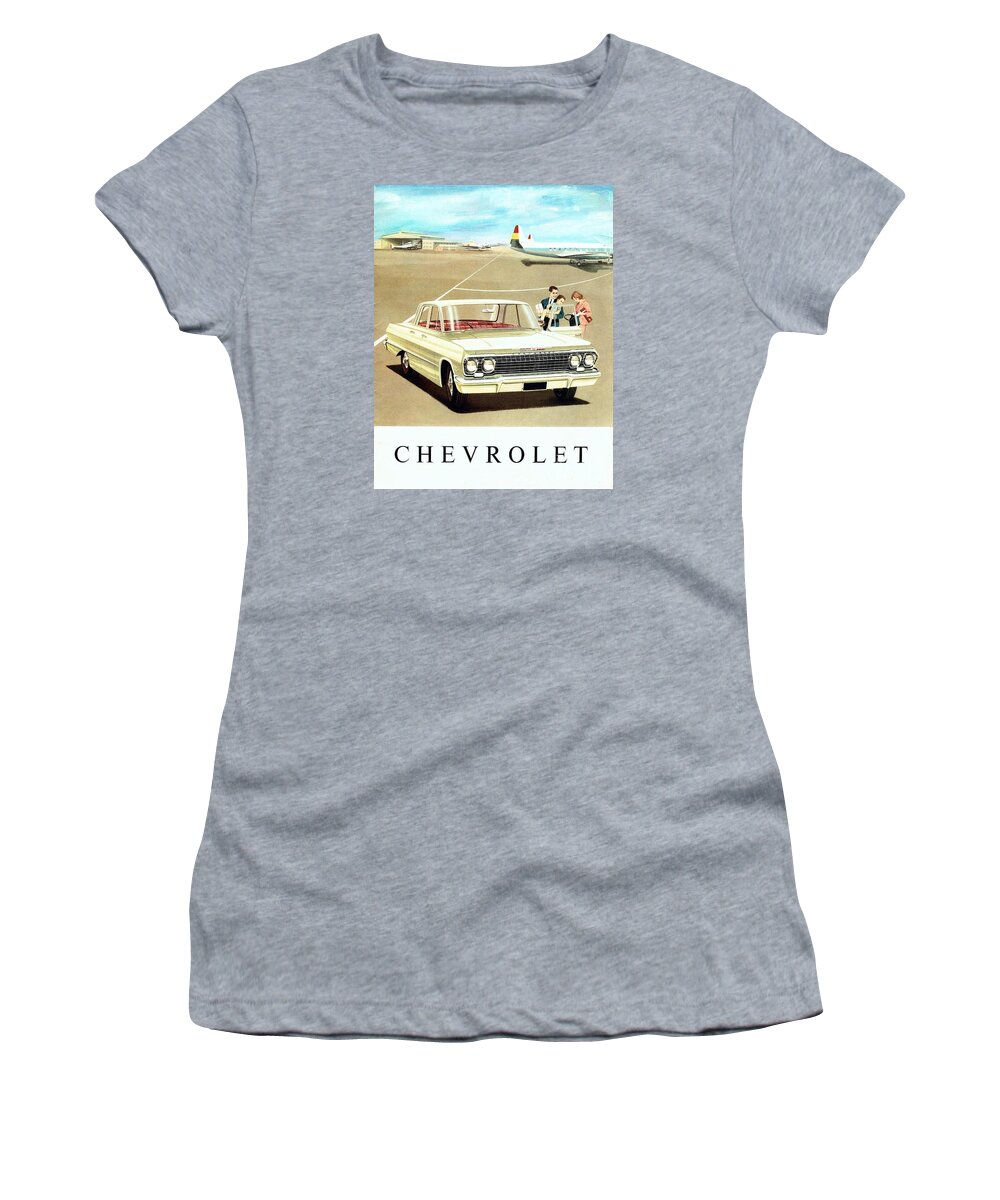 1963 Women's T-Shirt featuring the painting 1963 Chevrolet art work brochure front view by Vintage Collectables