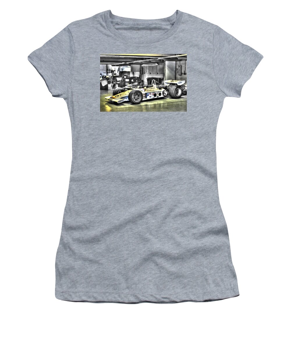 Josh Williams Women's T-Shirt featuring the photograph Bobby Unser 1972 Olsonite Eagle Pole Position Car by Josh Williams
