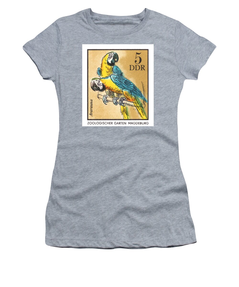 Macaw Women's T-Shirt featuring the digital art 1975 East Germany Zoo Macaws Postage Stamp by Retro Graphics