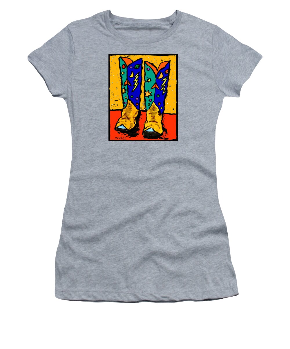 Boots Women's T-Shirt featuring the painting Boots on Yellow #3 by Dale Moses