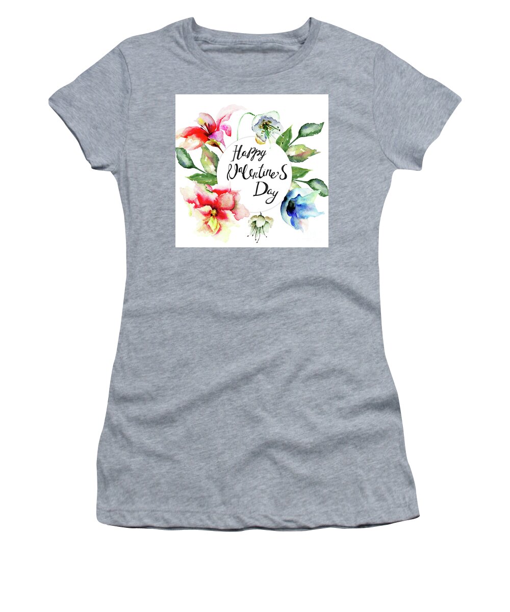 Card Women's T-Shirt featuring the painting Card with flowers #2 by Regina Jershova