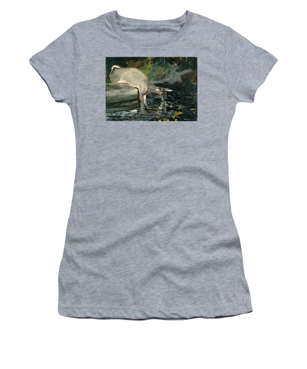 Winslow Homer Women's T-Shirt featuring the drawing Deer Drinking #2 by Winslow Homer