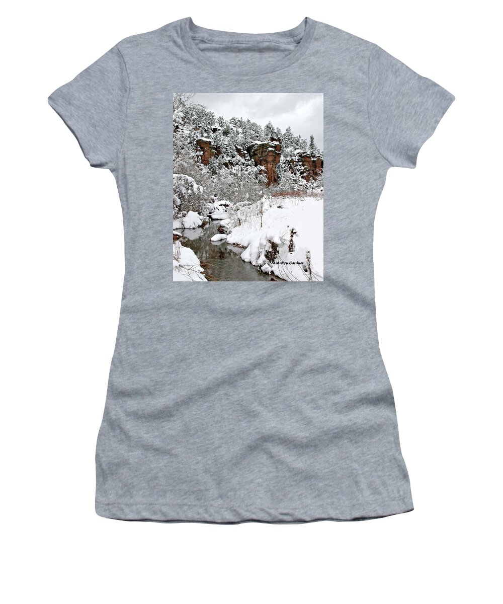 Snow Women's T-Shirt featuring the photograph East Verde Winter Crossing #2 by Matalyn Gardner