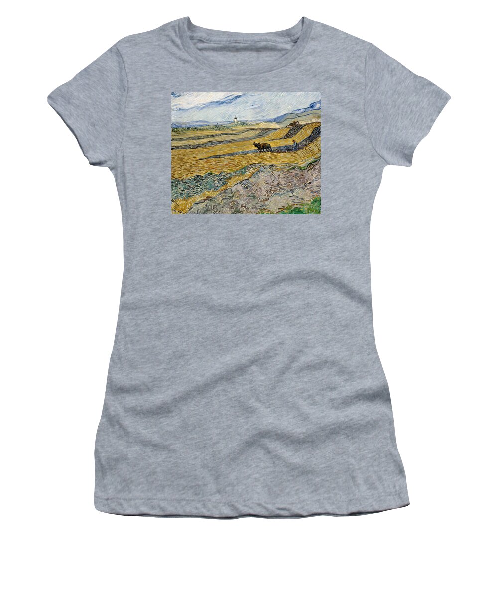 Vincent Van Gogh Women's T-Shirt featuring the painting Enclosed Field With Ploughman #2 by Vincent Van Gogh