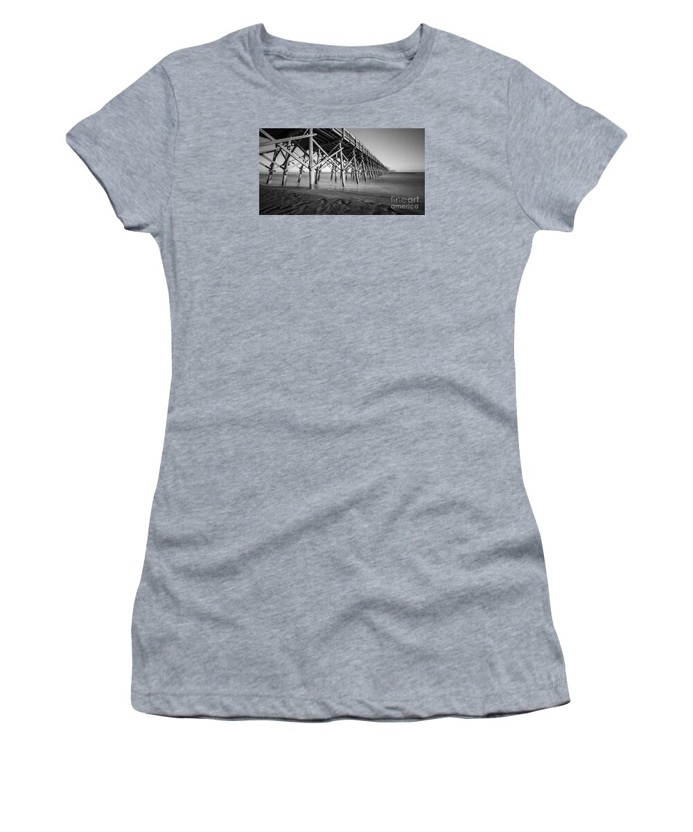Folly Beach Pier Black And White Women's T-Shirt featuring the photograph Folly Beach Pier Black and White #2 by Dustin K Ryan