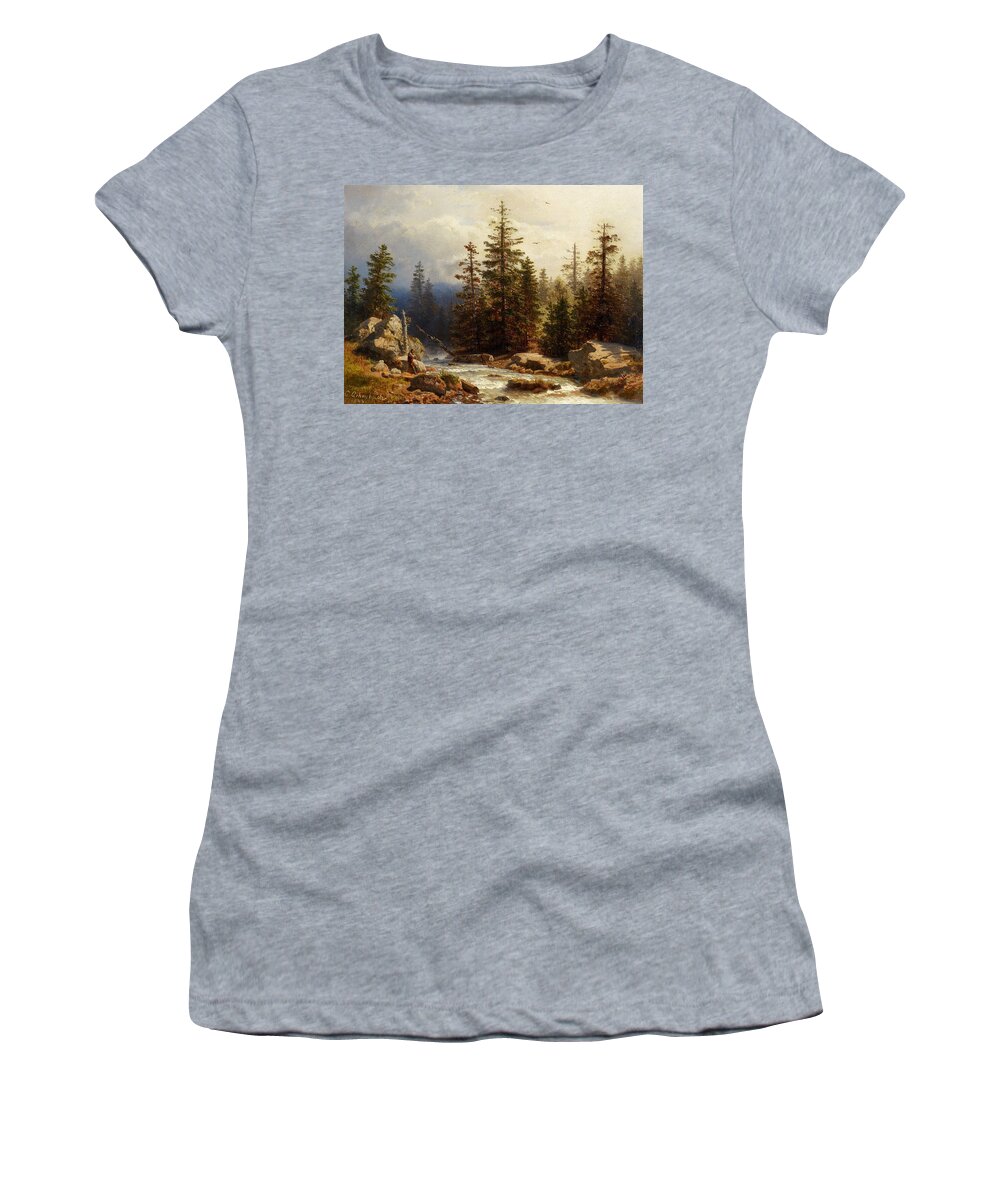 Andreas Achenbach Women's T-Shirt featuring the painting Forest Landscape with an Angler by MotionAge Designs