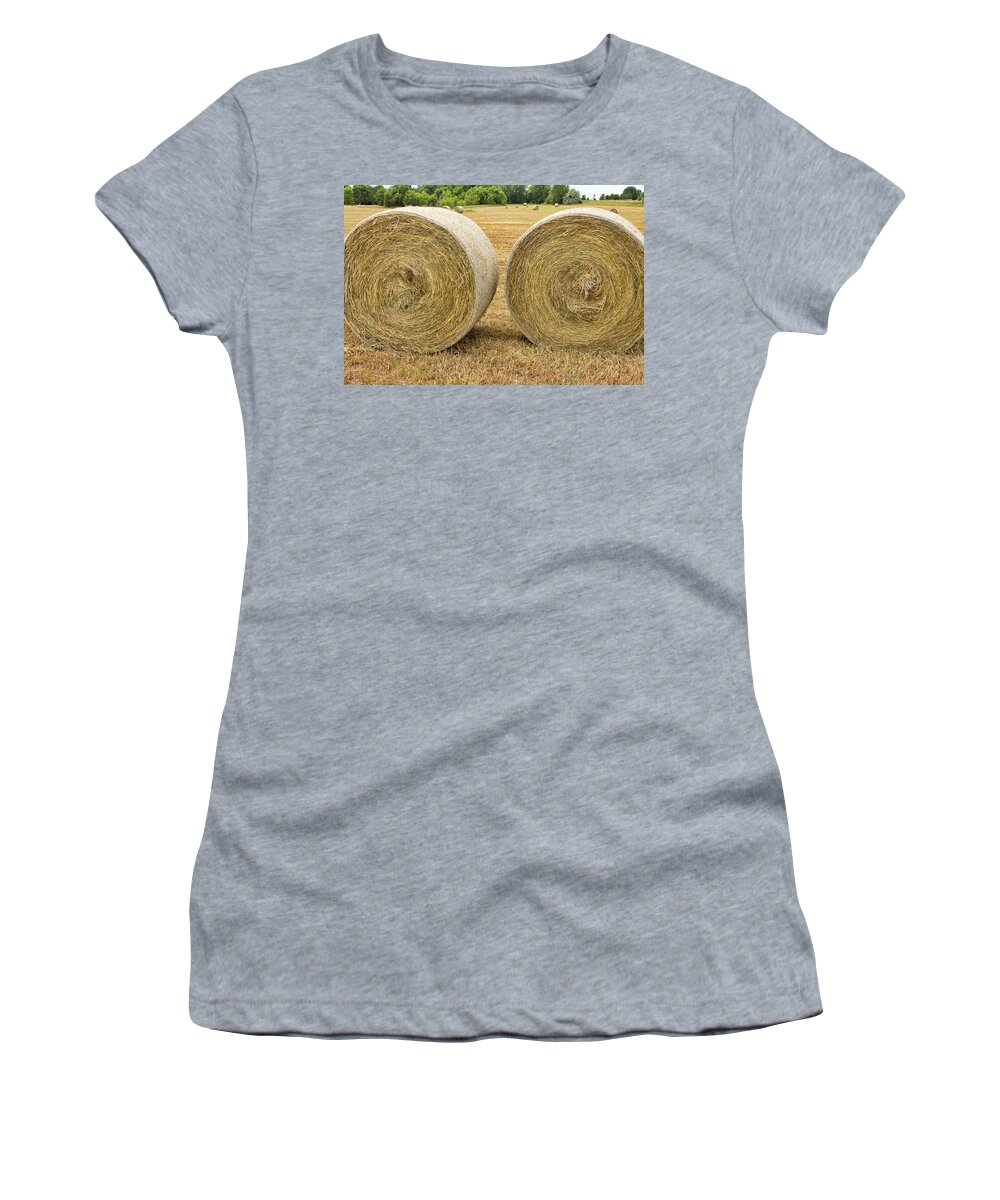 Hay Women's T-Shirt featuring the photograph 2 Freshly Baled Round Hay Bales by James BO Insogna