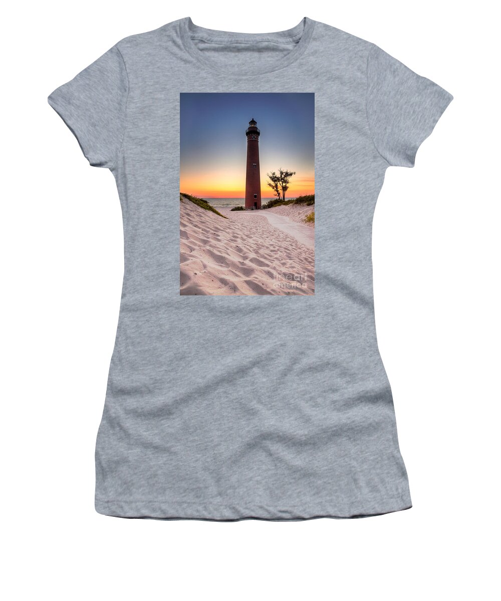 Beach Women's T-Shirt featuring the photograph Little Sable Point Light Station #2 by Larry Carr
