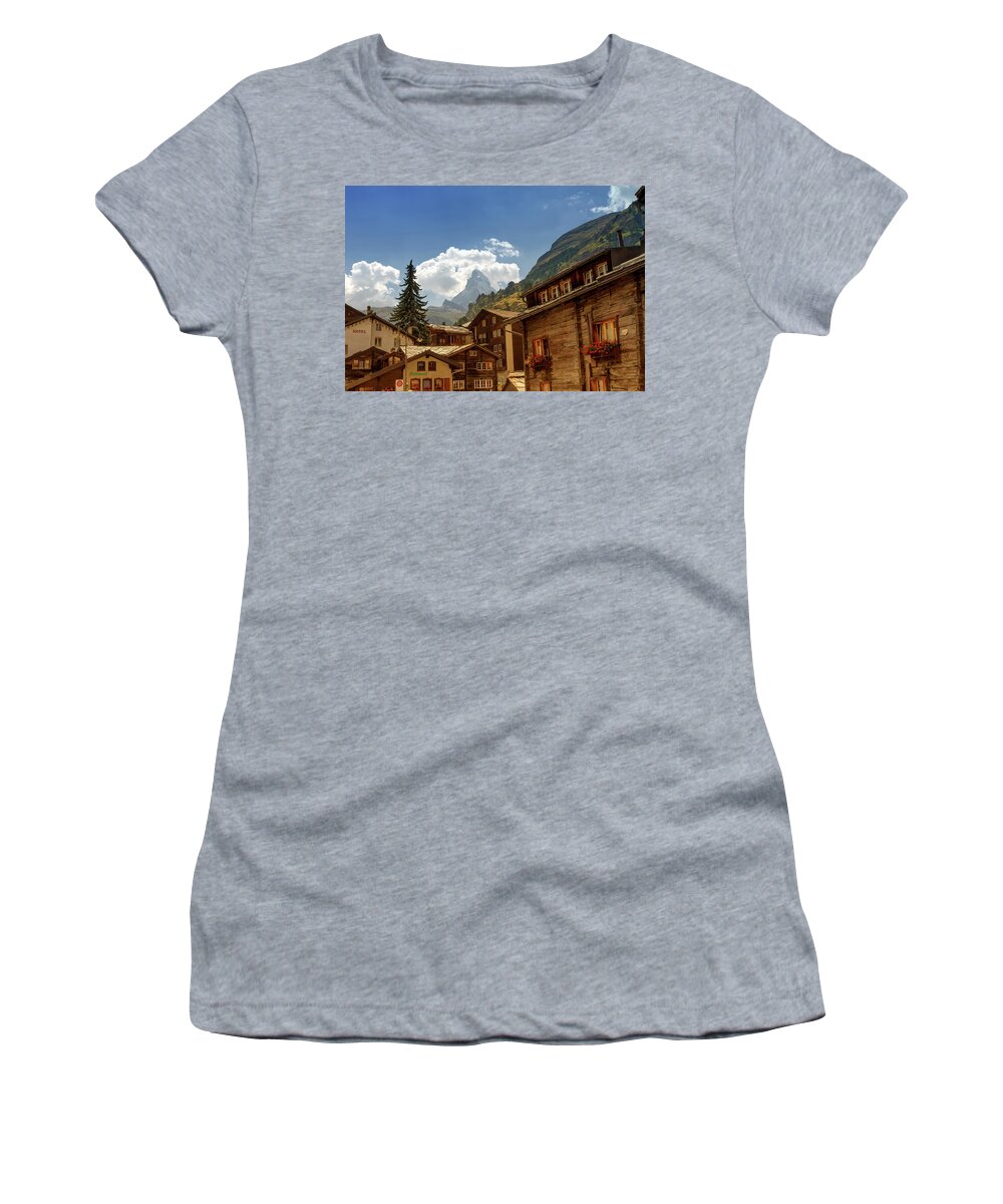 Matterhorn Women's T-Shirt featuring the photograph Matterhorn and Zermatt village houses, Switzerland #2 by Elenarts - Elena Duvernay photo