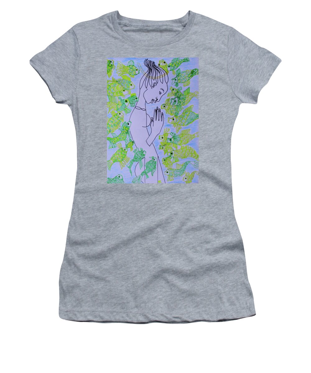  Women's T-Shirt featuring the painting Our Lady Star of the Sea #2 by Gloria Ssali