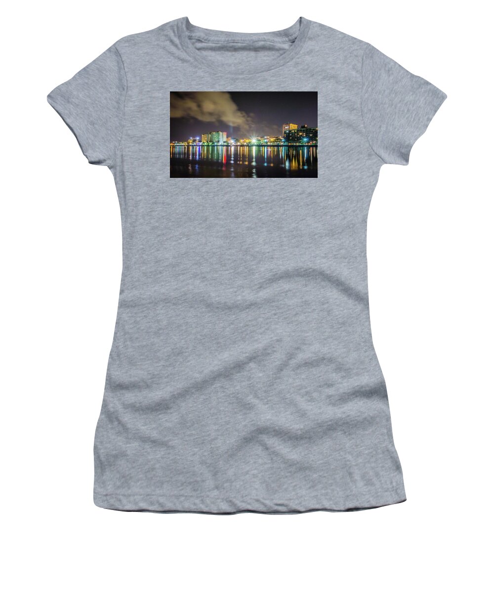 Riverfront Women's T-Shirt featuring the photograph Riverfront Board Walk Scenes In Wilmington Nc At Night #2 by Alex Grichenko