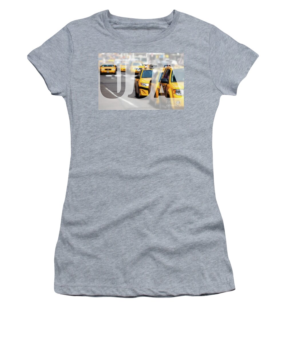 Advertisements Women's T-Shirt featuring the photograph Yellow cab speeds through Times Square in New York, NY, USA. #2 by Mariusz Prusaczyk