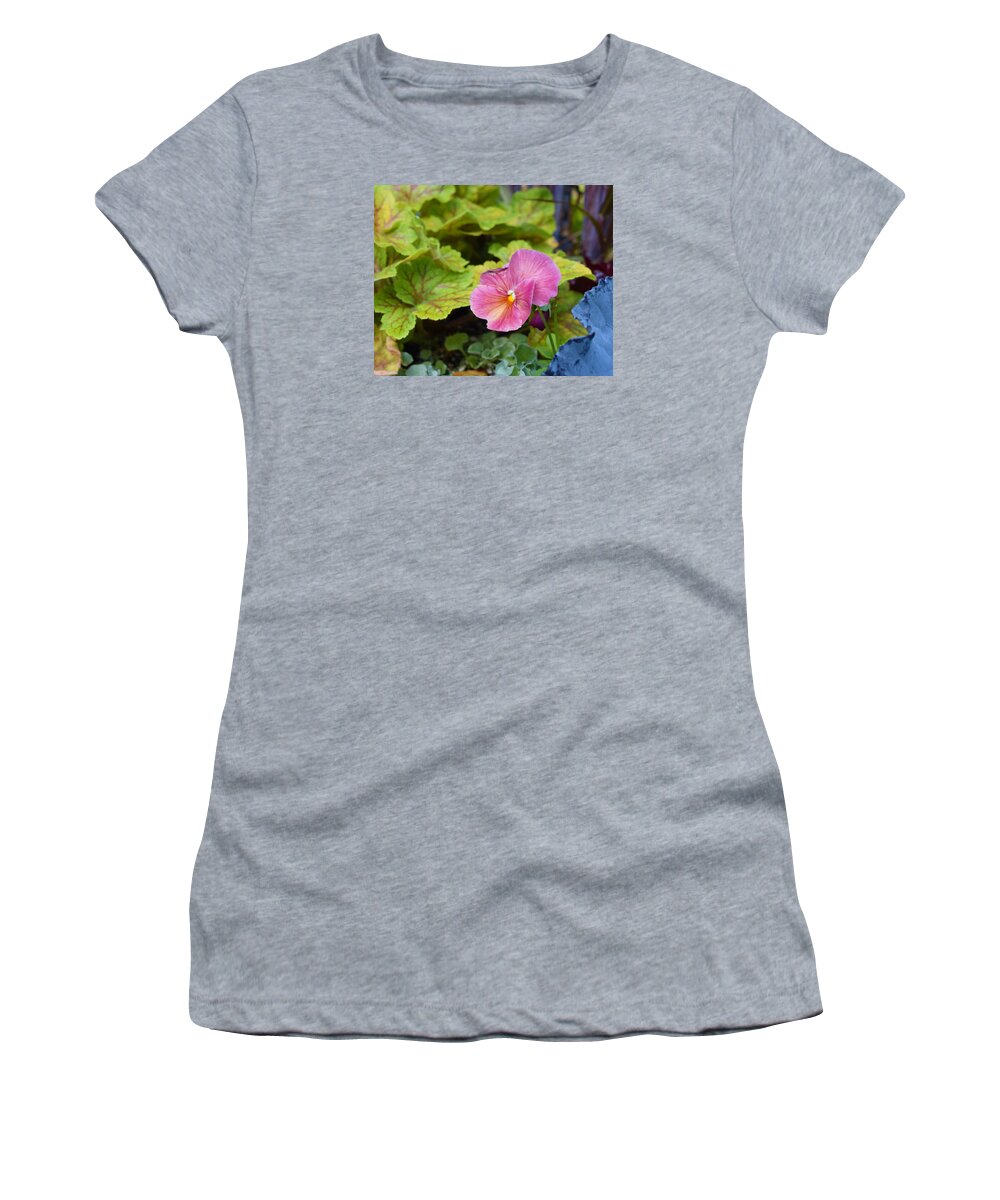 Pansies Women's T-Shirt featuring the photograph 2015 After the Frost at the Garden Pansies 3 by Janis Senungetuk