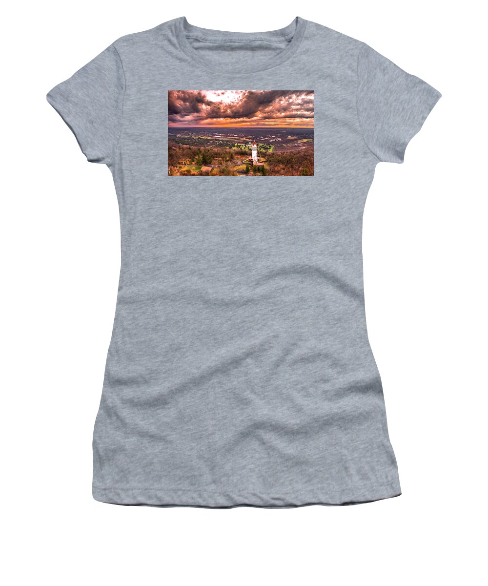 Heublein Women's T-Shirt featuring the photograph Heublein Tower, Simsbury Connecticut, Cloudy Sunset #3 by Mike Gearin