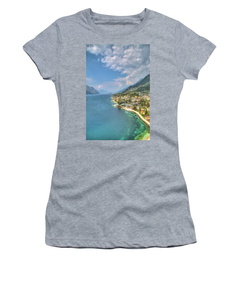 Architecture Women's T-Shirt featuring the photograph view over the Lake Garda with the charming village Malcesine #3 by Gina Koch