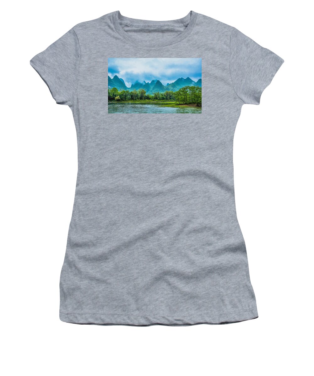 Scenery Women's T-Shirt featuring the photograph Karst mountains and Lijiang River scenery #35 by Carl Ning
