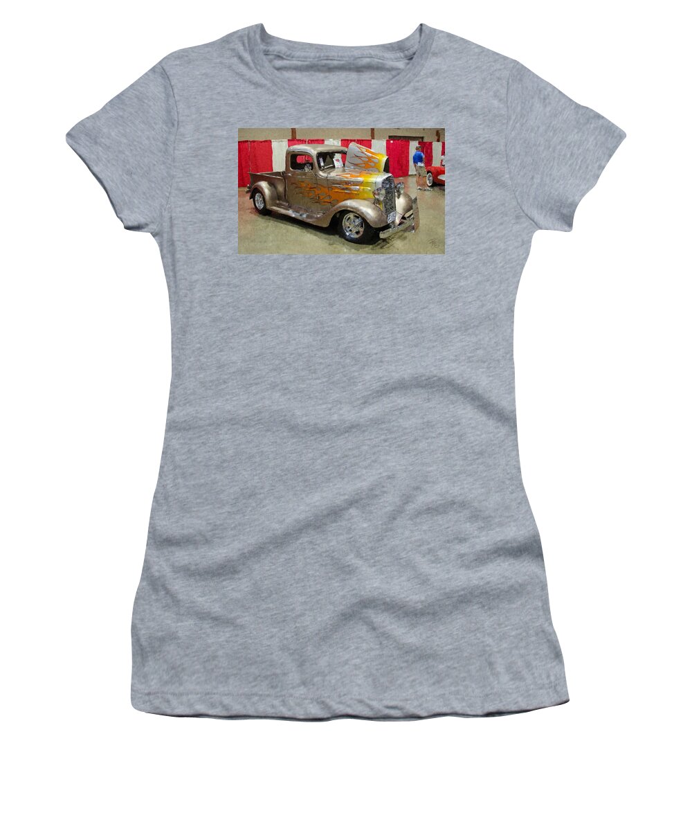 Aged Women's T-Shirt featuring the digital art 36 Chevy Pickup With Flames by Debra Baldwin