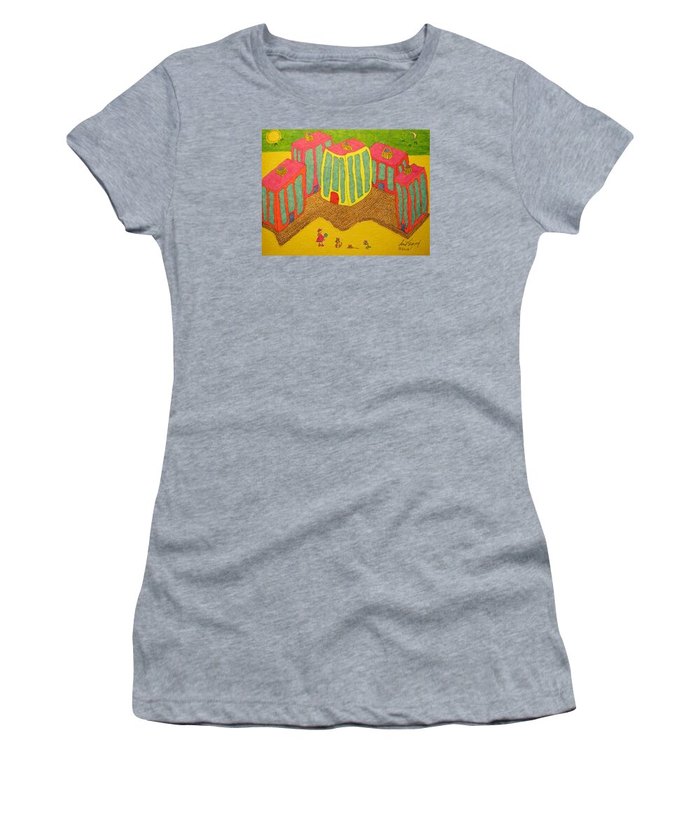 Hagood Women's T-Shirt featuring the painting 4 Tall Buildings, Girl, And Cat by Lew Hagood