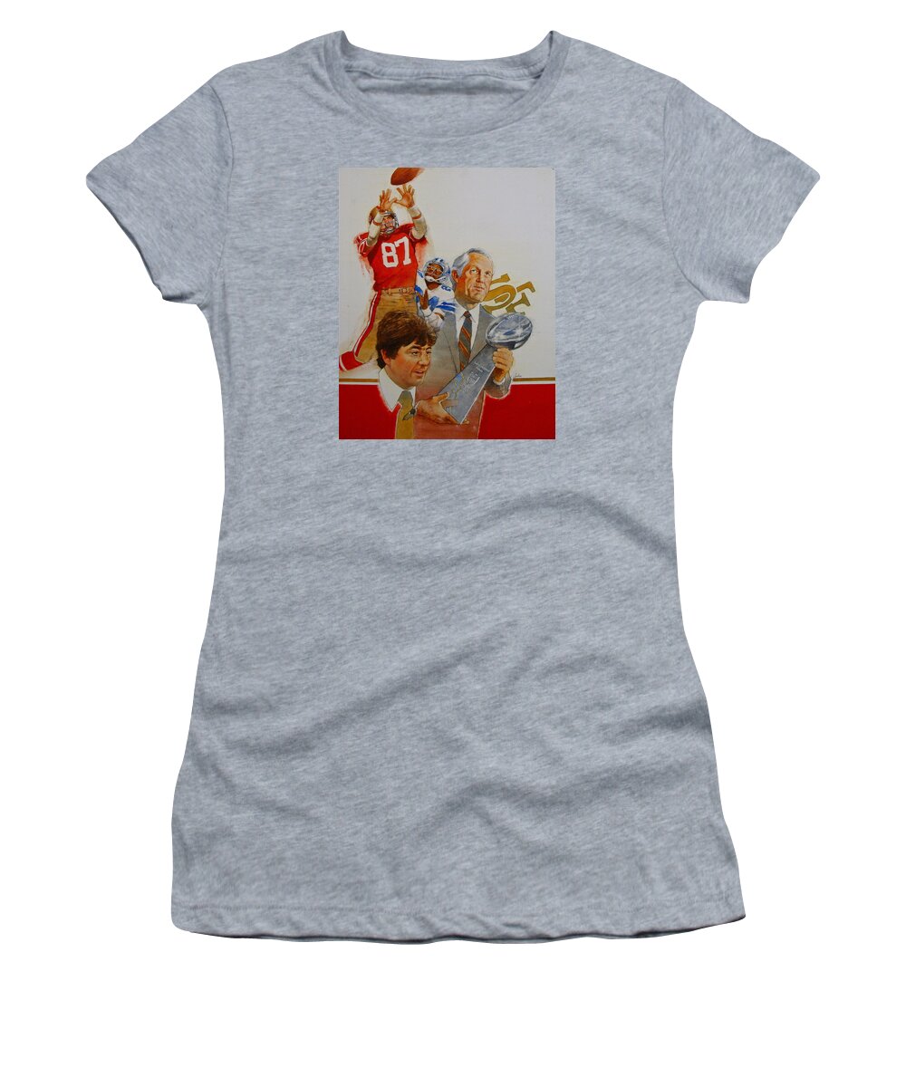 Portrait Women's T-Shirt featuring the painting 49rs Media Guide Cover 1982 by Cliff Spohn