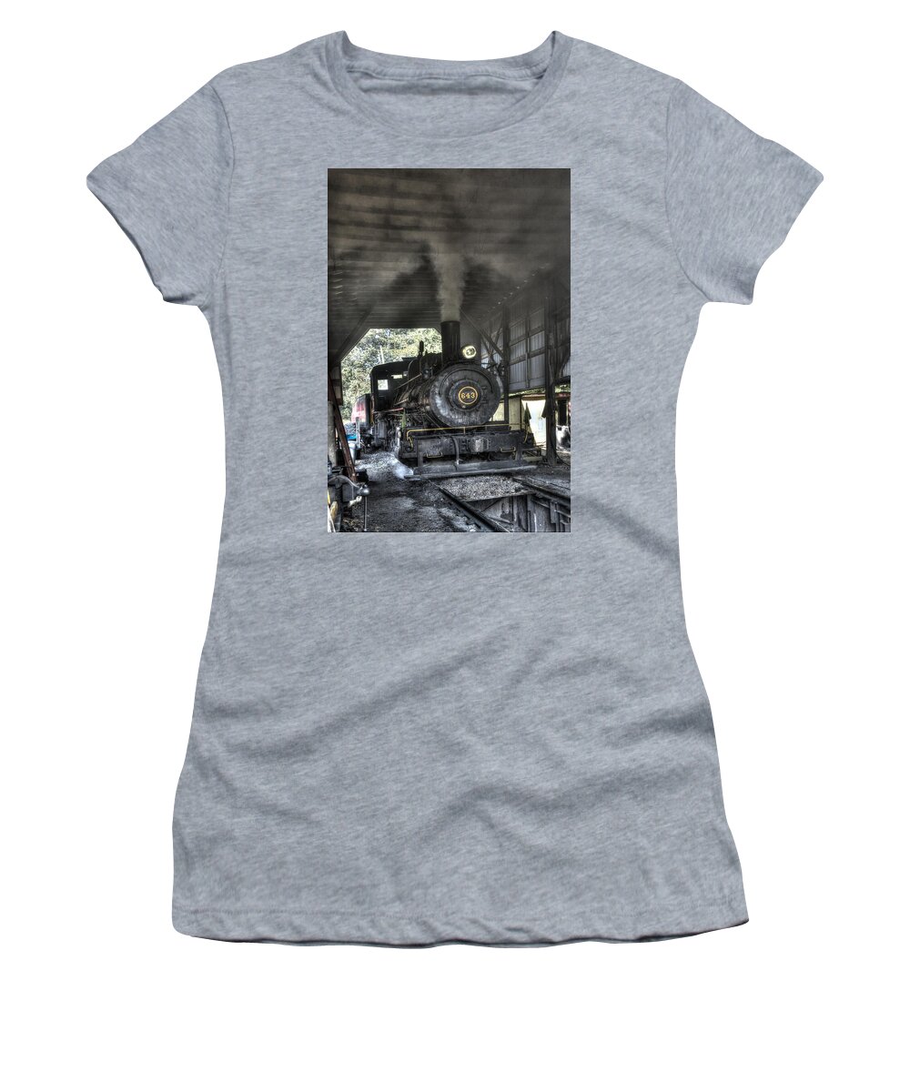 Ngine Women's T-Shirt featuring the photograph In the engine shed steaming up #5 by Paul W Faust - Impressions of Light