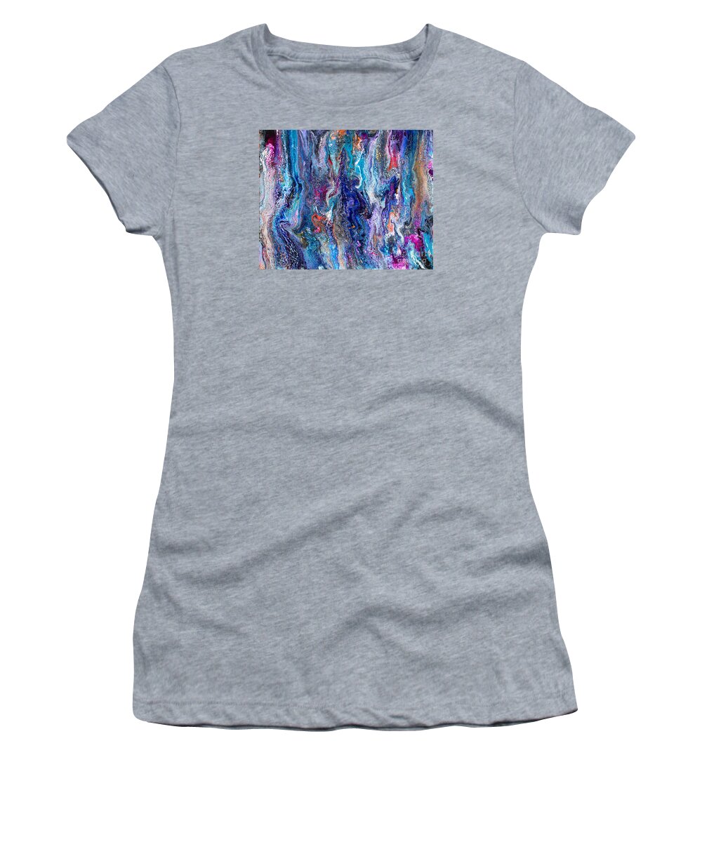 Original Abstract Dynamic Lacy Blue Liquid Art Form Swipe Full Of Seductive Texture And Intrigue With Pink Orange Purple Black Accents Women's T-Shirt featuring the painting #542 #542 by Priscilla Batzell Expressionist Art Studio Gallery