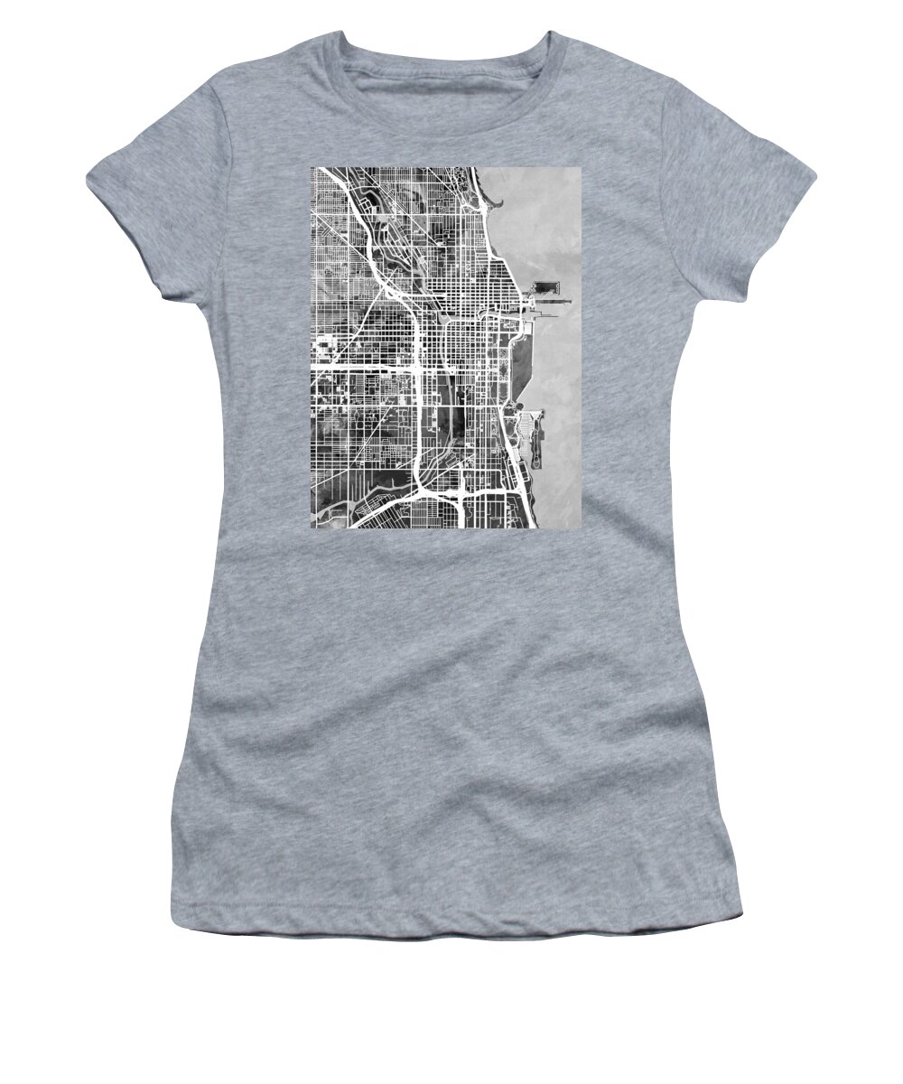 Chicago Women's T-Shirt featuring the digital art Chicago City Street Map #6 by Michael Tompsett