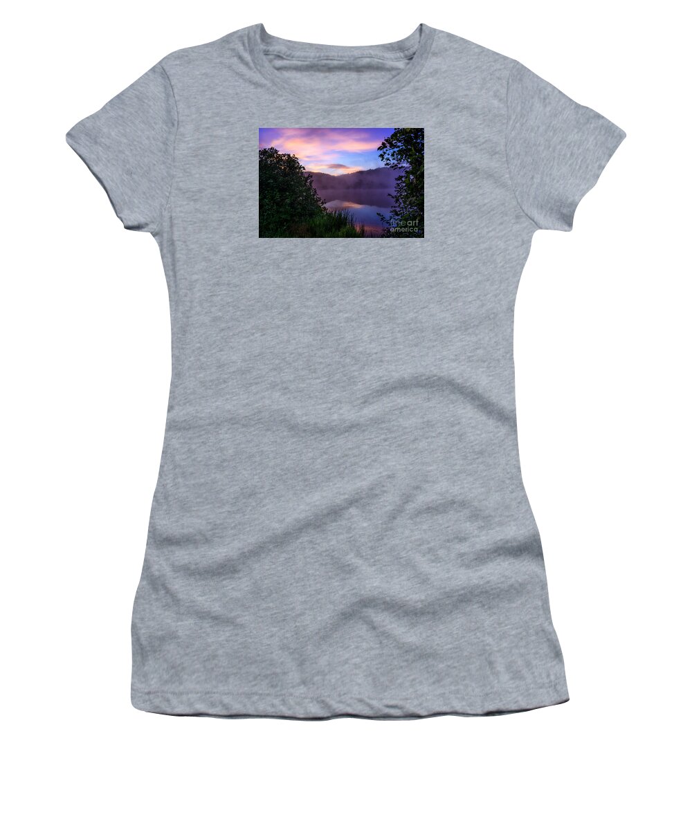 Big Ditch Lake Women's T-Shirt featuring the photograph Misty Summer Morning #8 by Thomas R Fletcher