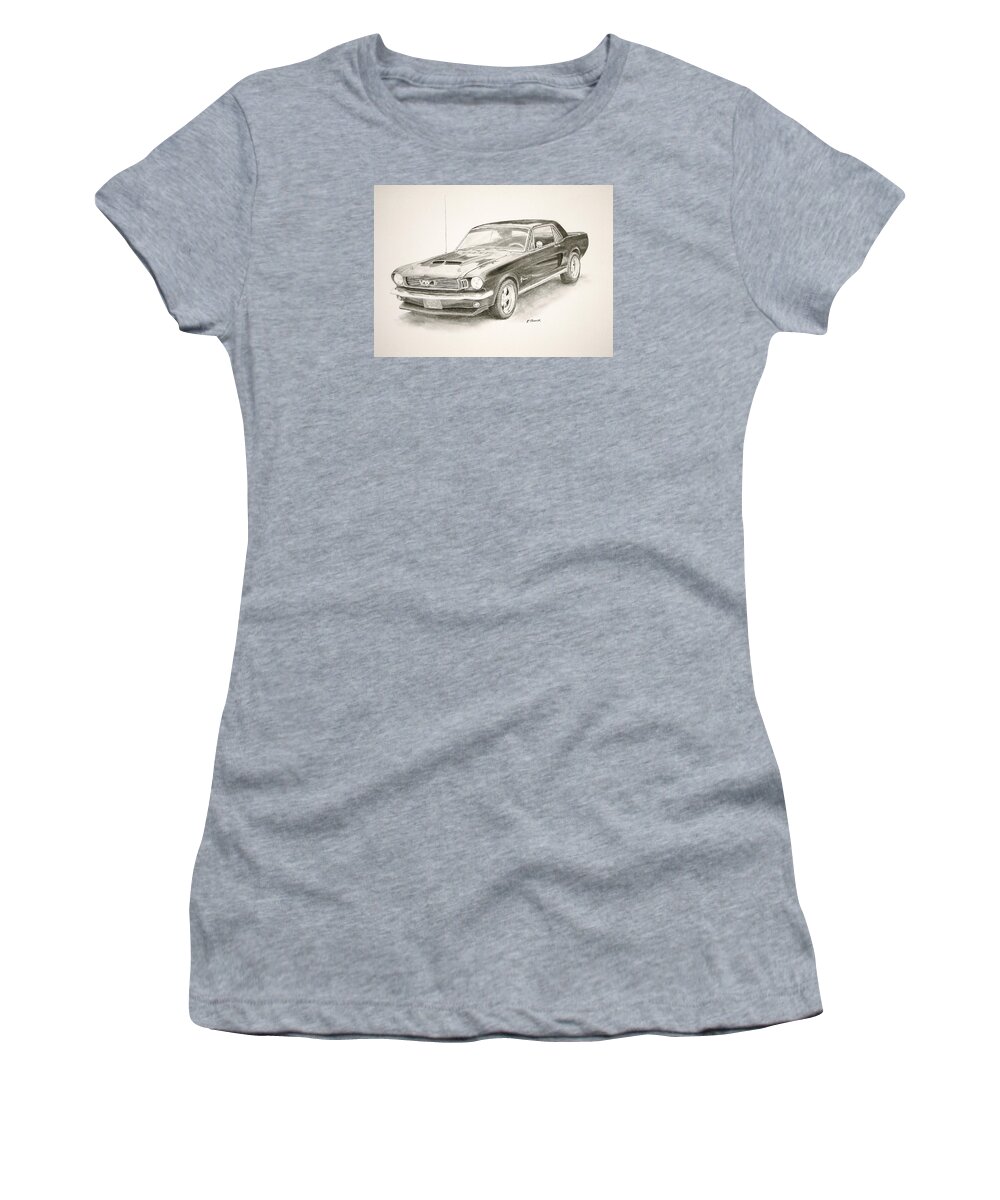 66 Mustang Women's T-Shirt featuring the drawing 66 Mustang by Richard Rooker