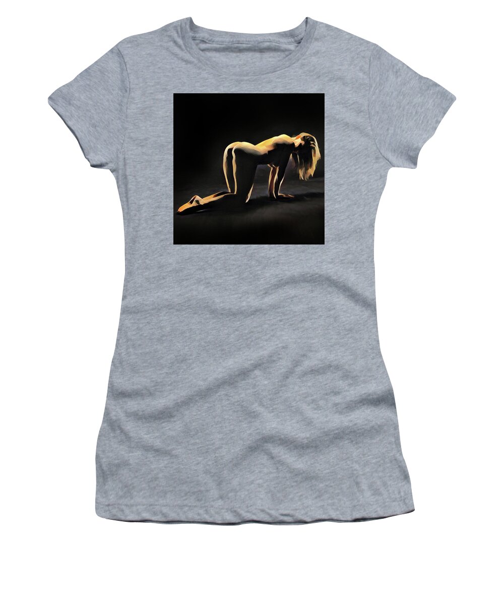 Watercolor Women's T-Shirt featuring the digital art 6835s-AMG Watercolor of Nude Woman on hands and knees, hair hanging down. by Chris Maher