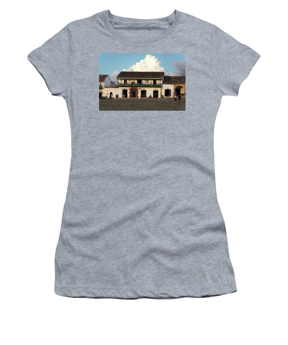 Cobblestones Women's T-Shirt featuring the digital art Colombia Villa de Leyva Plaza Meyor #7 by Carol Ailles