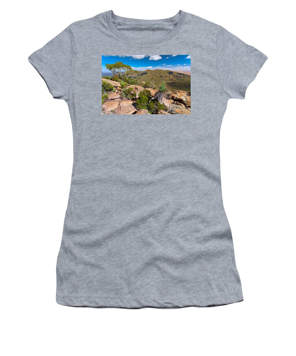 Wilpena Pound Flinders Ranges Outback Landscape Landscapes South Australia Australian Gum Trees Mountains Rock Outcrop Women's T-Shirt featuring the photograph Wilpena Pound #7 by Bill Robinson