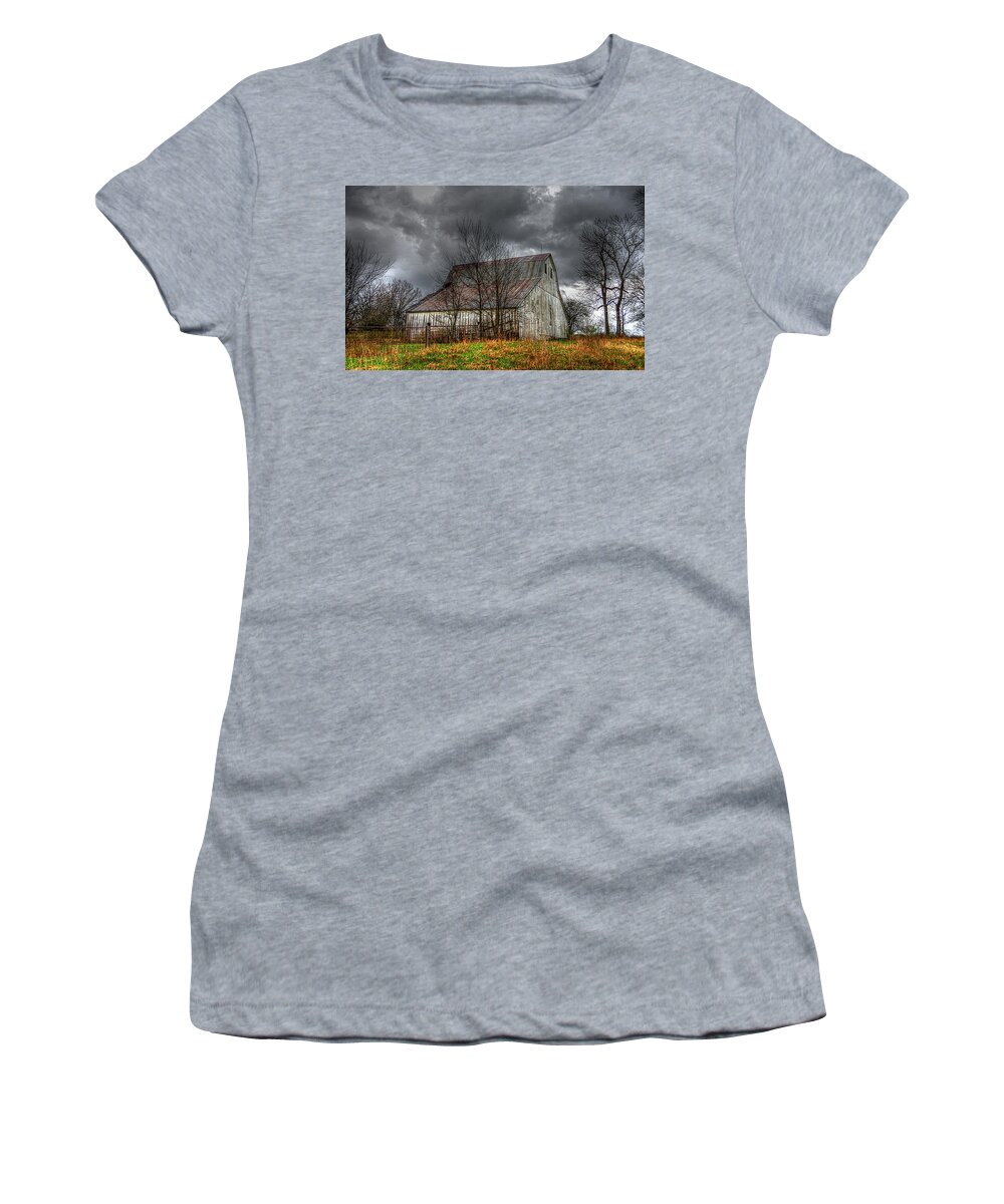 Dark Clouds Women's T-Shirt featuring the photograph A Barn in the Storm 3 by Karen McKenzie McAdoo
