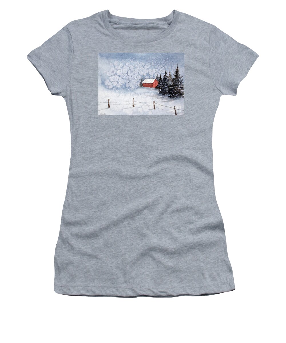 A Country Winter Women's T-Shirt featuring the painting A Country Winter by Rebecca Davis