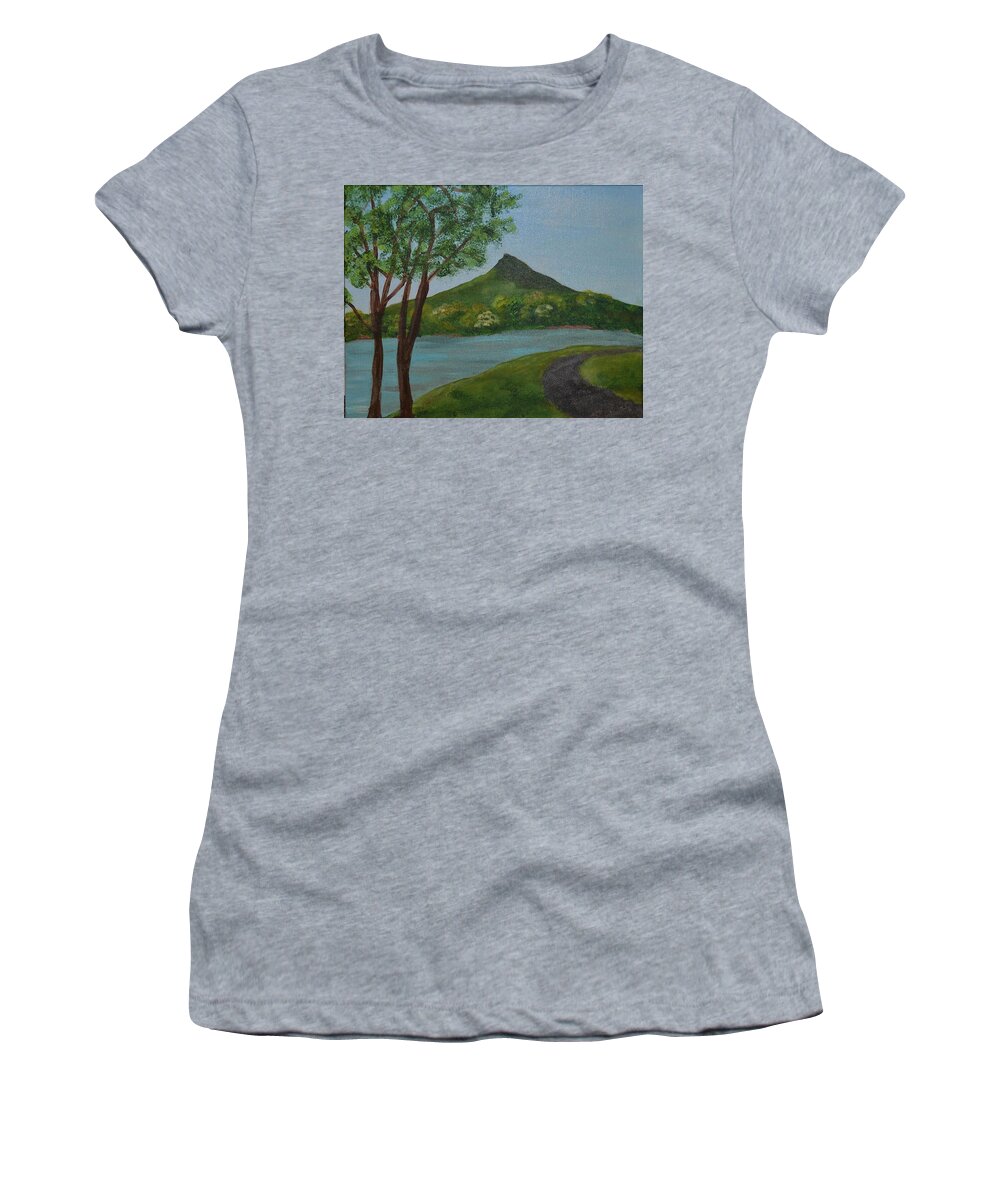 Landscape Women's T-Shirt featuring the painting A Day at the Peaks by Nancy Sisco
