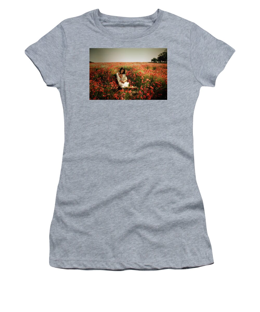 Portrait. Poppies Women's T-Shirt featuring the photograph A girl reading amongst he Poppies by Mark Egerton