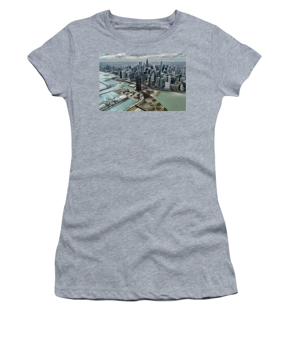 Lake Michigan Women's T-Shirt featuring the photograph A helicopter view of Chicago's lakefront by Sven Brogren