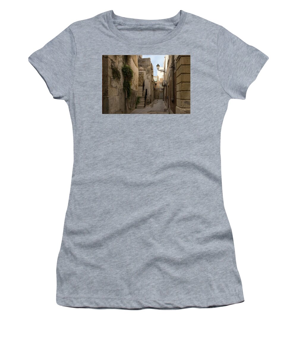 Georgia Mizuleva Women's T-Shirt featuring the photograph A Marble Staircase to Nowhere - Tiny Italian Lane in Syracuse Sicily by Georgia Mizuleva