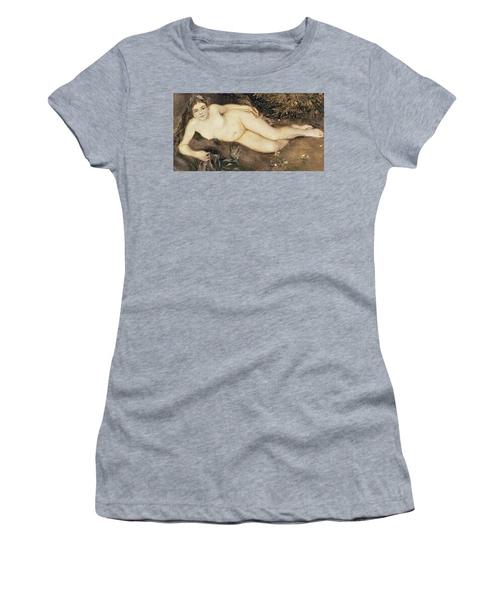 A Nymph By A Stream Women's T-Shirt featuring the painting A Nymph by a Stream by Pierre Auguste Renoir 