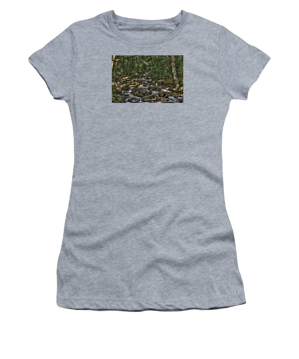 Landscape Women's T-Shirt featuring the photograph A River Through the Woods by Harry B Brown
